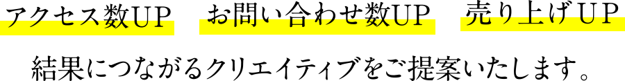 アクセス数UP お問い合わせ数UP 売上UP 結果につながるクリエイティブをご提案いたします。